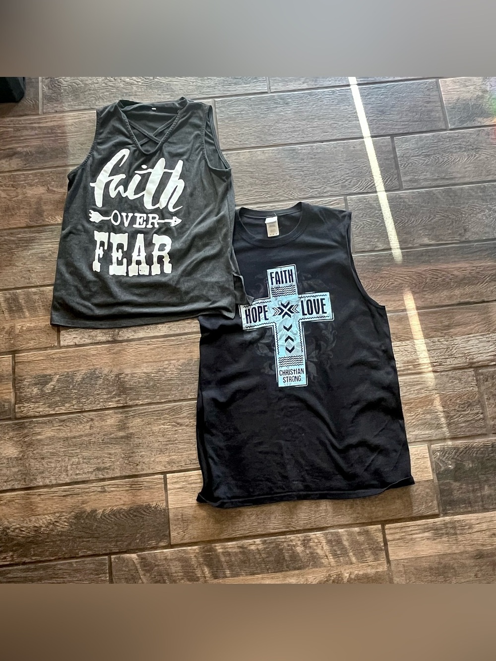 Two religious Christian faith based sleeveless t-shirt muscle tops M